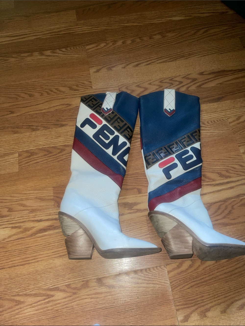 Fendi White, Blue & Red Logo Western Heeled Boots